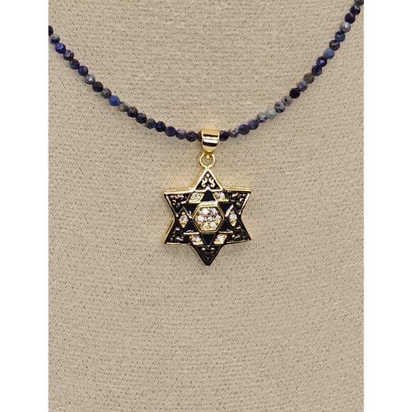 Stunning Blue Enamel CZ Star of David Necklace Adjustable Lapis Lazuli Chain - Picture 6 of 7